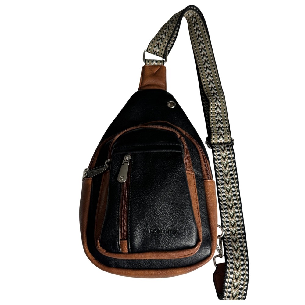 Bostanten Vegan Leather Sling Bag Black Brown Crossbody Chevron Guitar Strap